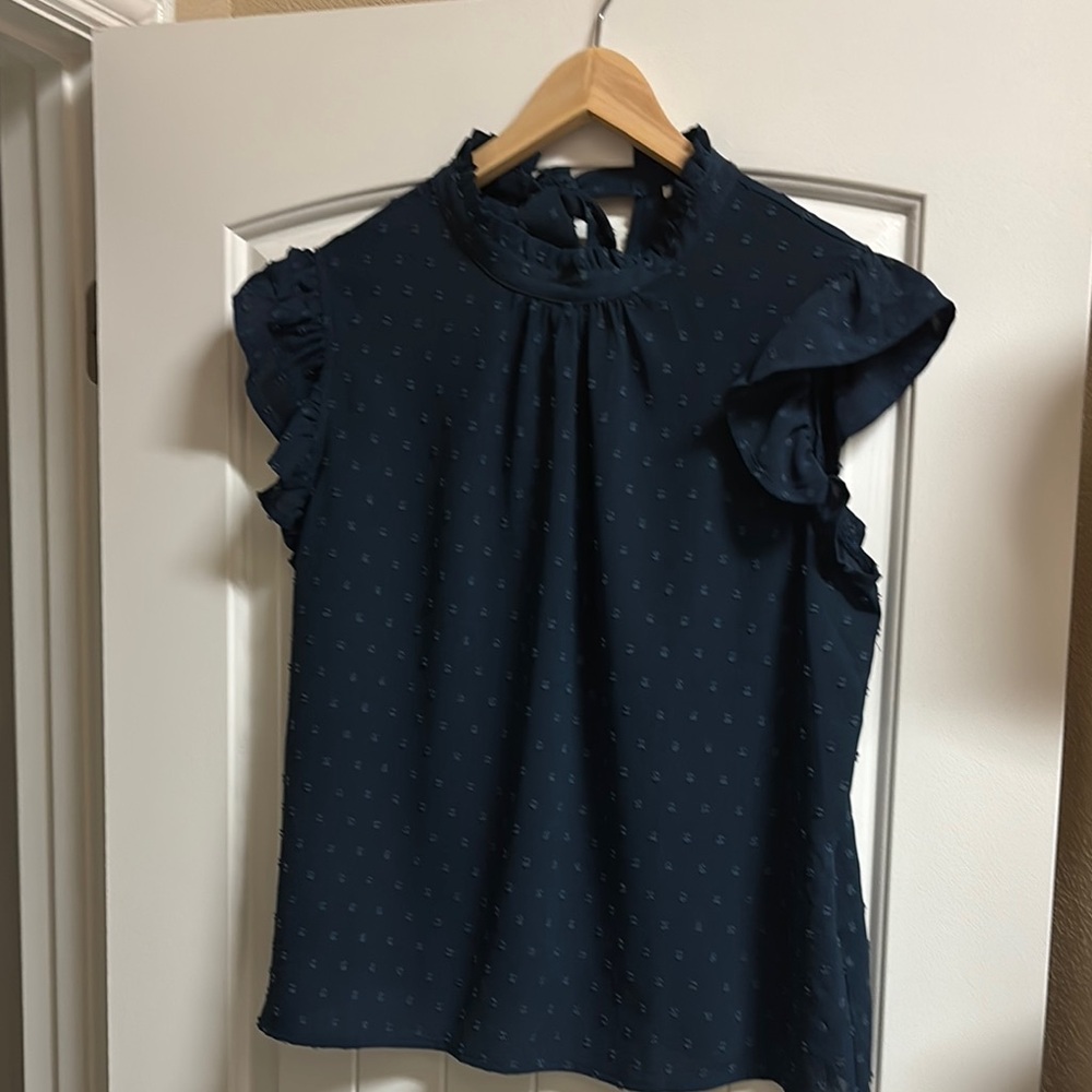 Blue Ruffled Sleeveless Blouse with Mandarin Collar